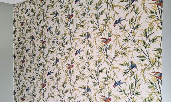 Einzigartige Tapete von Maler Monti am Tegernsee mit Wellensittichen auf Ästen und Blättern